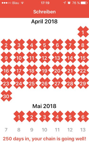 Gute Gewohnheiten: Kalender mit roten Kreuzen (Don't break the chain)